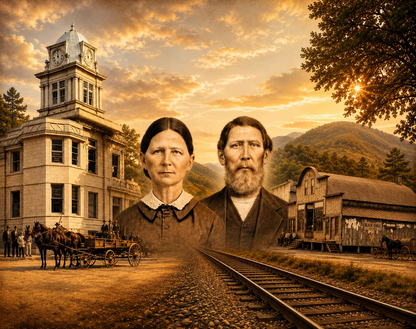 Historic Mitchell County courthouse, railroad, mountain landscape, and portrait montage