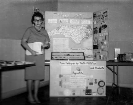 In the 1950’s, Charlie Mae Sproles (pictured above) combined a love for mineral and gem collecting with rising interest in the hobby to organize the North Carolina Mineral and Gem Festival. It was an immediate success, with hobbyists flocking to Spruce Pine for the chance to search for rare specimens in the mine pits in the area.