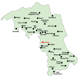 Map of Mitchell County with the community of Bandana highlighted.
