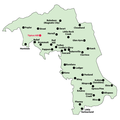 Mitchell County Map highlighting Tipton Hill and its location.