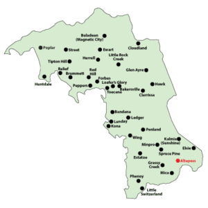 Map of Mitchell County with the community of Altapass highlighted in red.