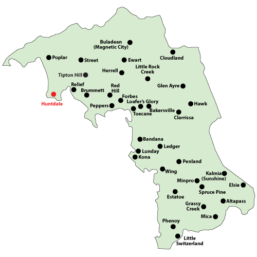 Map of Mitchell County with the community of Huntdale highlighted.