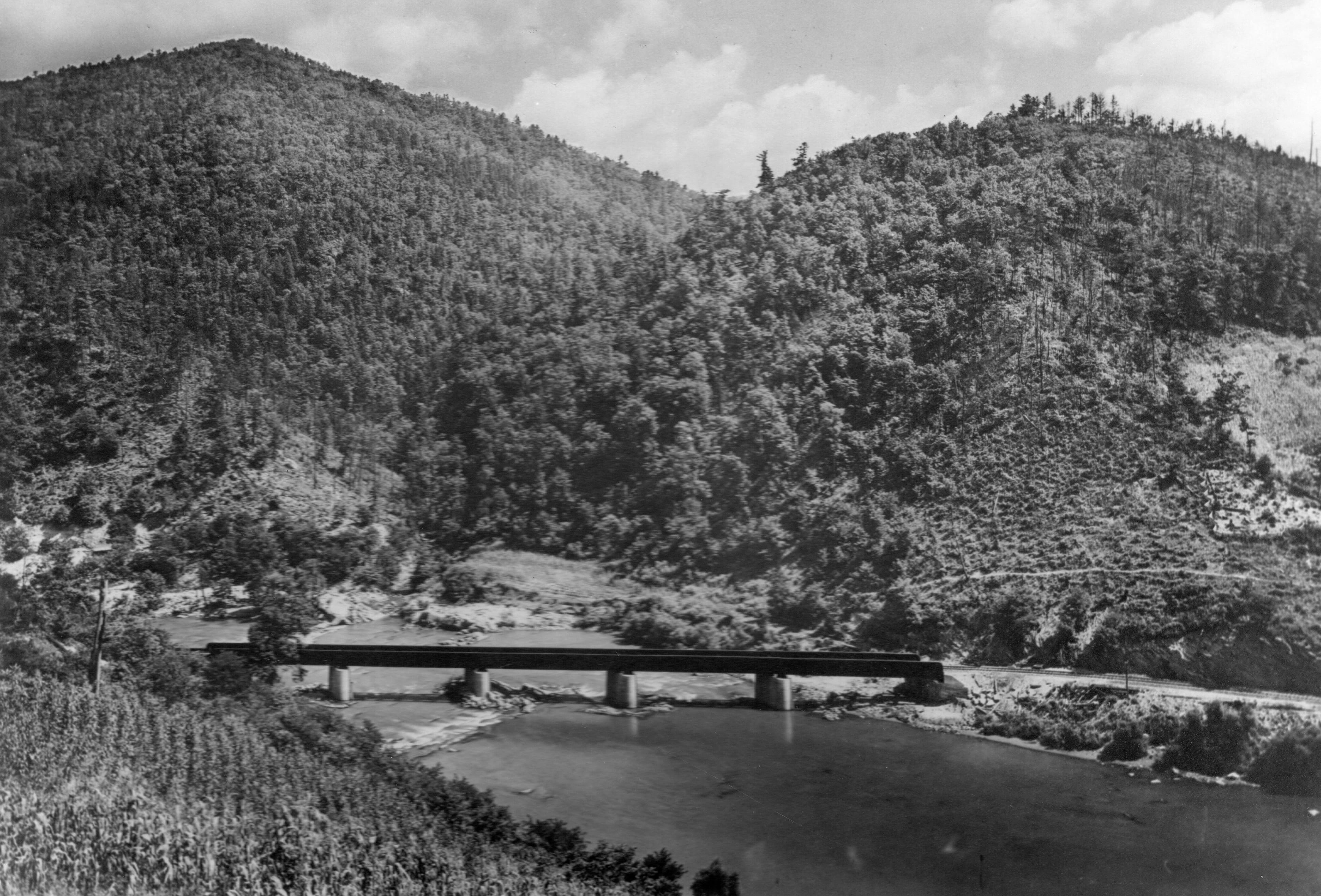 The Clinchfield Bridge over the Nolichucky River at the mouth of Hollow Poplar Creek.