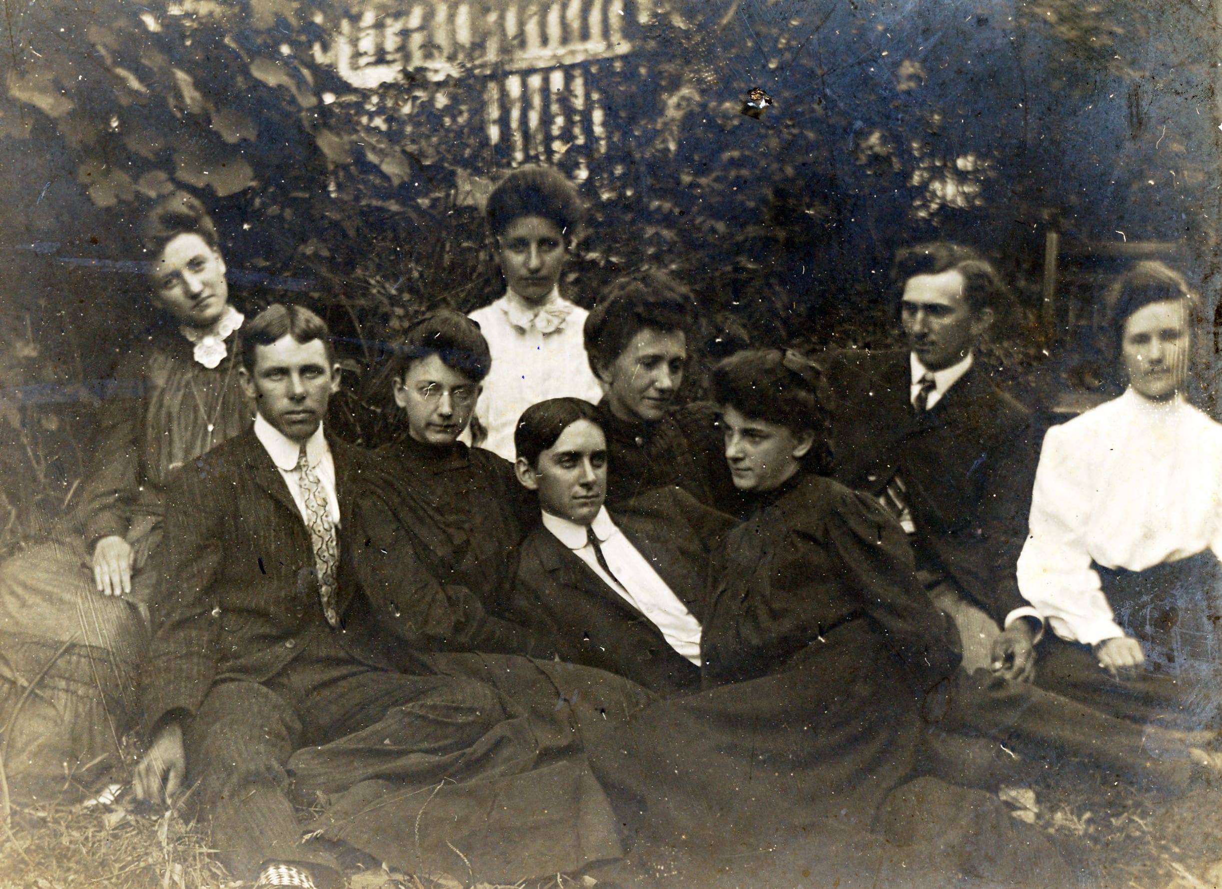 Picture ofThe couple on the far right in this photograph are Frederick A. McKinney (1878-1968) and his future wife Minnie Lee Wiseman (1883-1972.) They married in 1902. The females to Fred’s right are his sisters Beatrice (1887-1974) and Dora (1870-1944). The young man in the center is their cousin Henry Burleson (1885-1975.) The second girl from the left is Lillian McKinney (1882-1976). The others pictured were not identified; they may have been friends or family. This McKinney family had other children Dovie (1875-1913,) Thomas Samuel (1873-1962,) and Emma Evangeline (1865-1956). Their parents were Reuben B. McKinney (1842-1910) and Judy Ann Burleson (1841-1921). Photo courtesy of Terry Bates.
