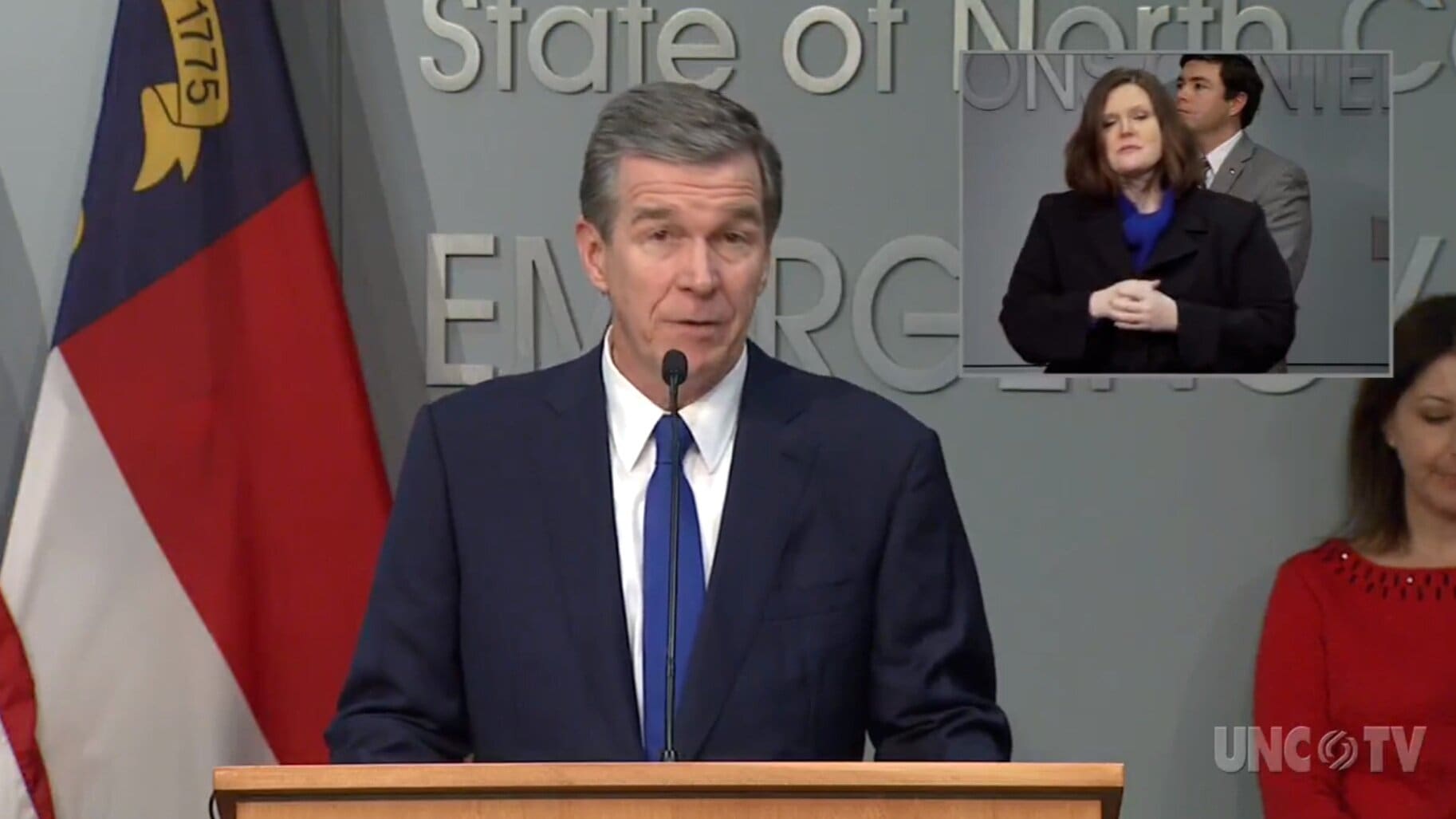 Governor Roy Cooper addresses a press conference on March 23, 2020
